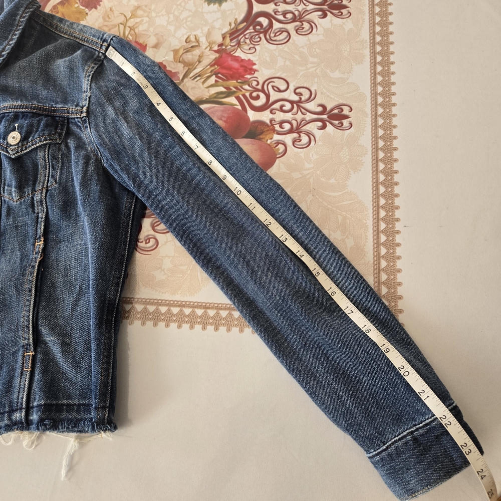 Abercrombie & Fitch Jean Jacket Womens Size S Blue Dark Wash Frayed Hem Buttons - Picture 10 of 11